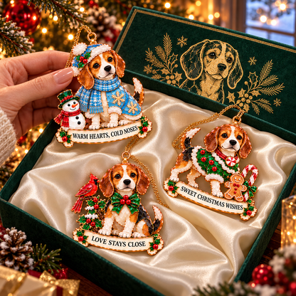 2026 Beagle Christmas Ornament Gift Set – 6 Festive Designs with Stained Glass Style & Heartwarming Wishes