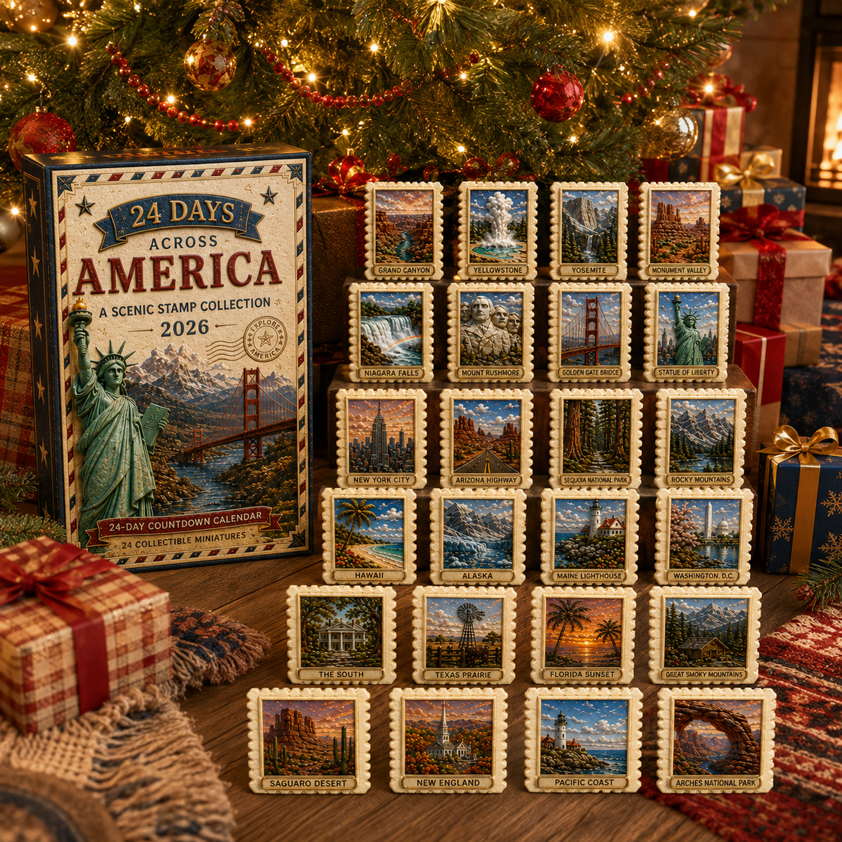 2026 24-Day Across America Advent Calendar – 24 Collectible Scenic Stamp Miniatures Featuring Iconic U.S. Landmarks, A Unique Christmas Gift for Travel Lovers & Collectors