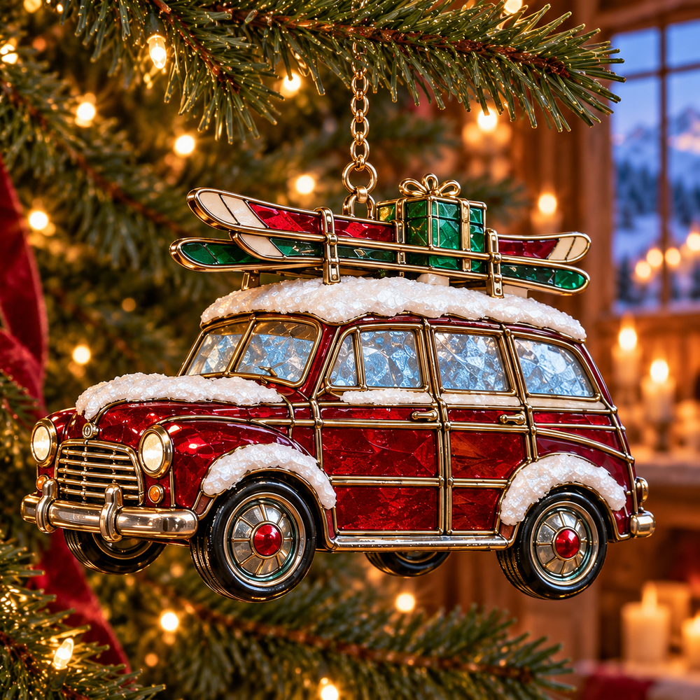 Christmas Ski Road Trip ornament with red car carrying skis