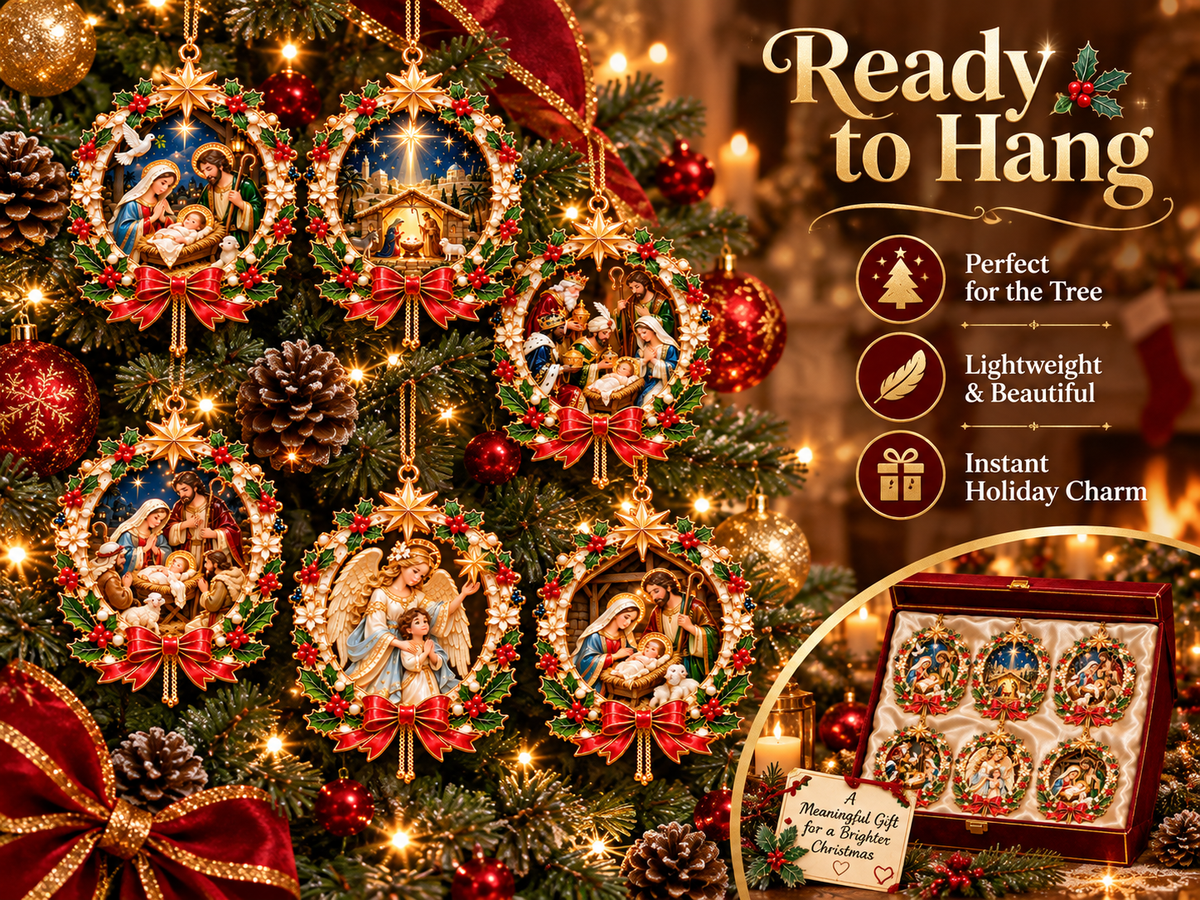 Detailed holly wreath, red bow, and golden star ornament framing