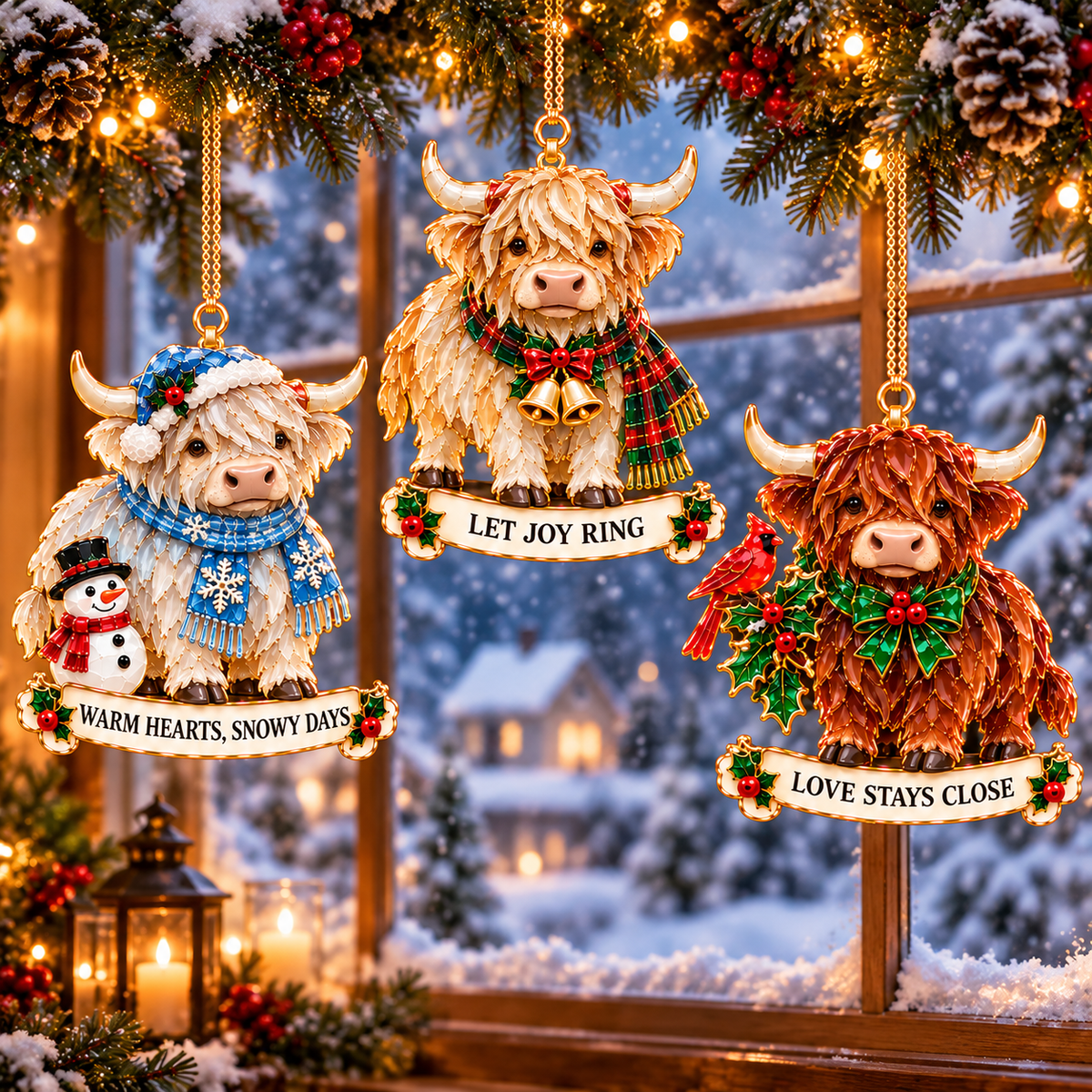 2026 Highland Cow Christmas Ornaments – 6 Festive Designs with Stained-Glass Charm & Heartwarming Wishes