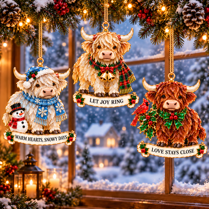 2026 Highland Cow Christmas Ornaments – 6 Festive Designs with Stained-Glass Charm & Heartwarming Wishes