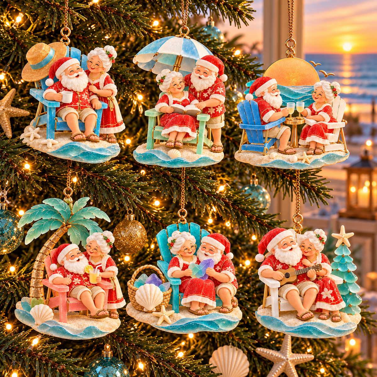 🏖️ 2026 Coastal Christmas Santa & Mrs. Claus Ornaments – Set of 6 Tropical Holiday Keepsakes