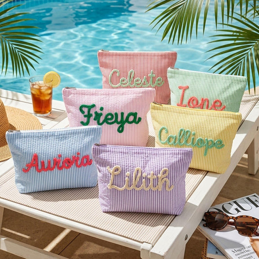 Personalized Name Seersucker Makeup Bag - Gift For Mom, Girlfriend, Women, Summer Gift