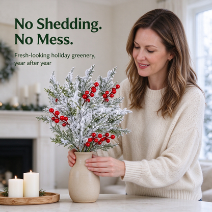 6 Pcs Artificial Frosted Christmas Pine-Cedar Stems with Red Berries, Snowy Evergreen Picks 💐