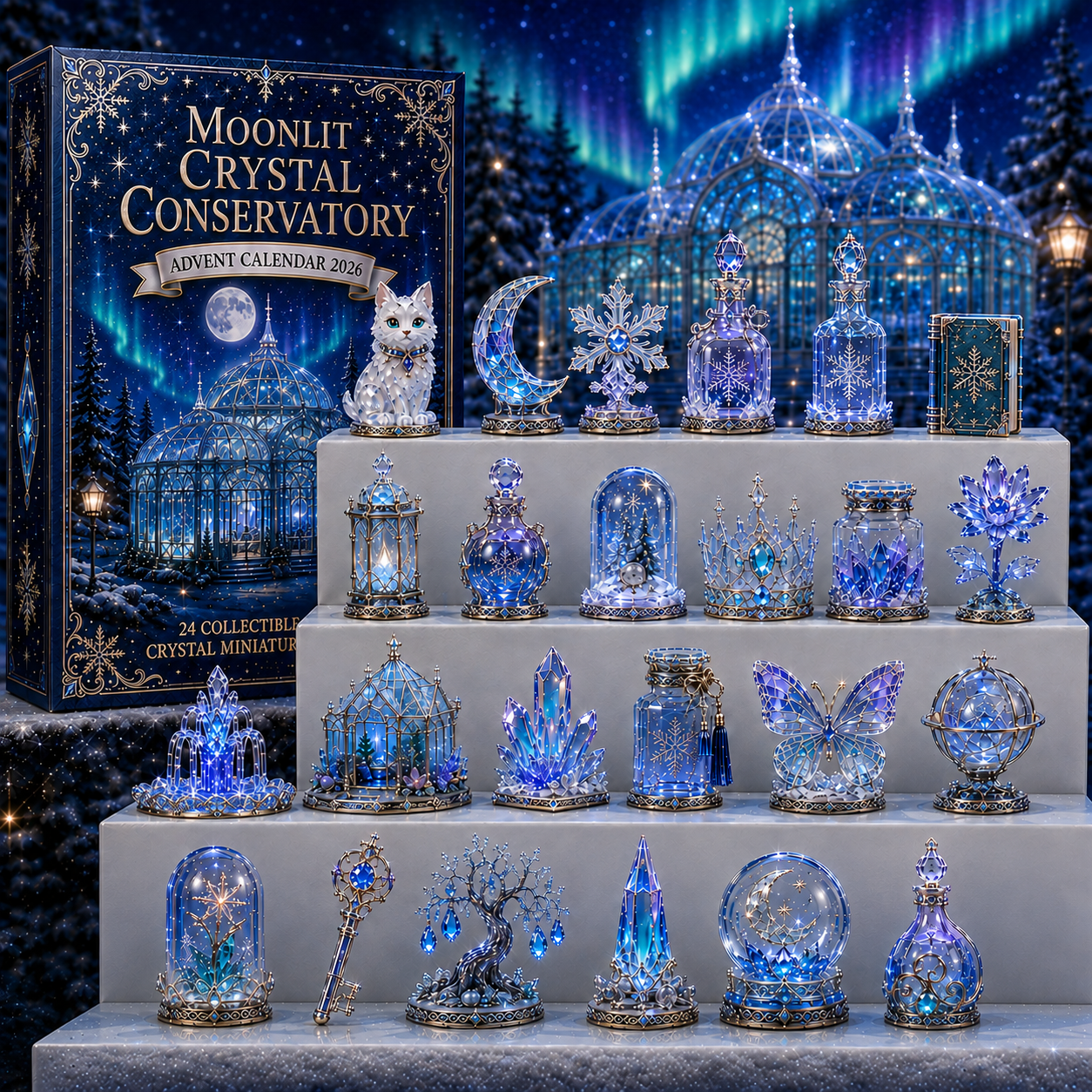 Moonlit Crystal Conservatory 2026 – 24-Day Crystal Miniature Countdown Calendar | Enchanted Winter Collectible Gift Set