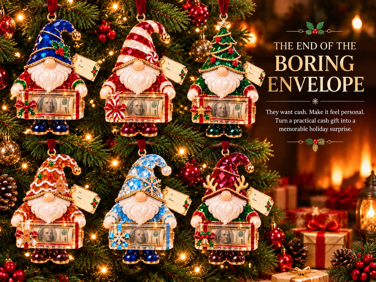 Six Christmas gnome money holder ornament designs