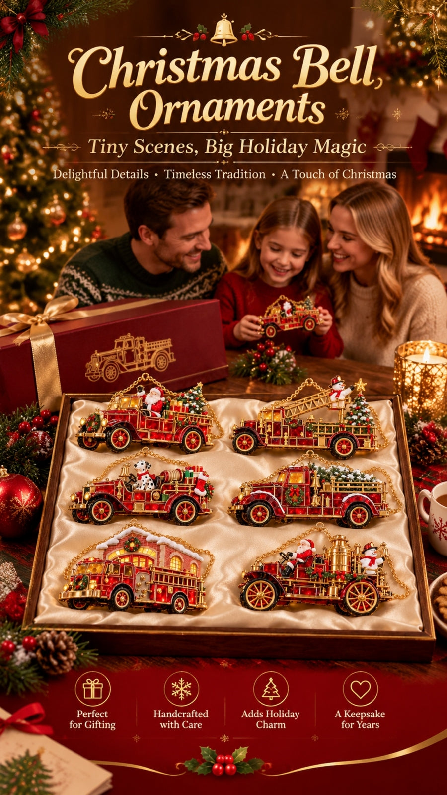 Vintage Fire Truck Christmas Ornament 6 Piece Gift Set