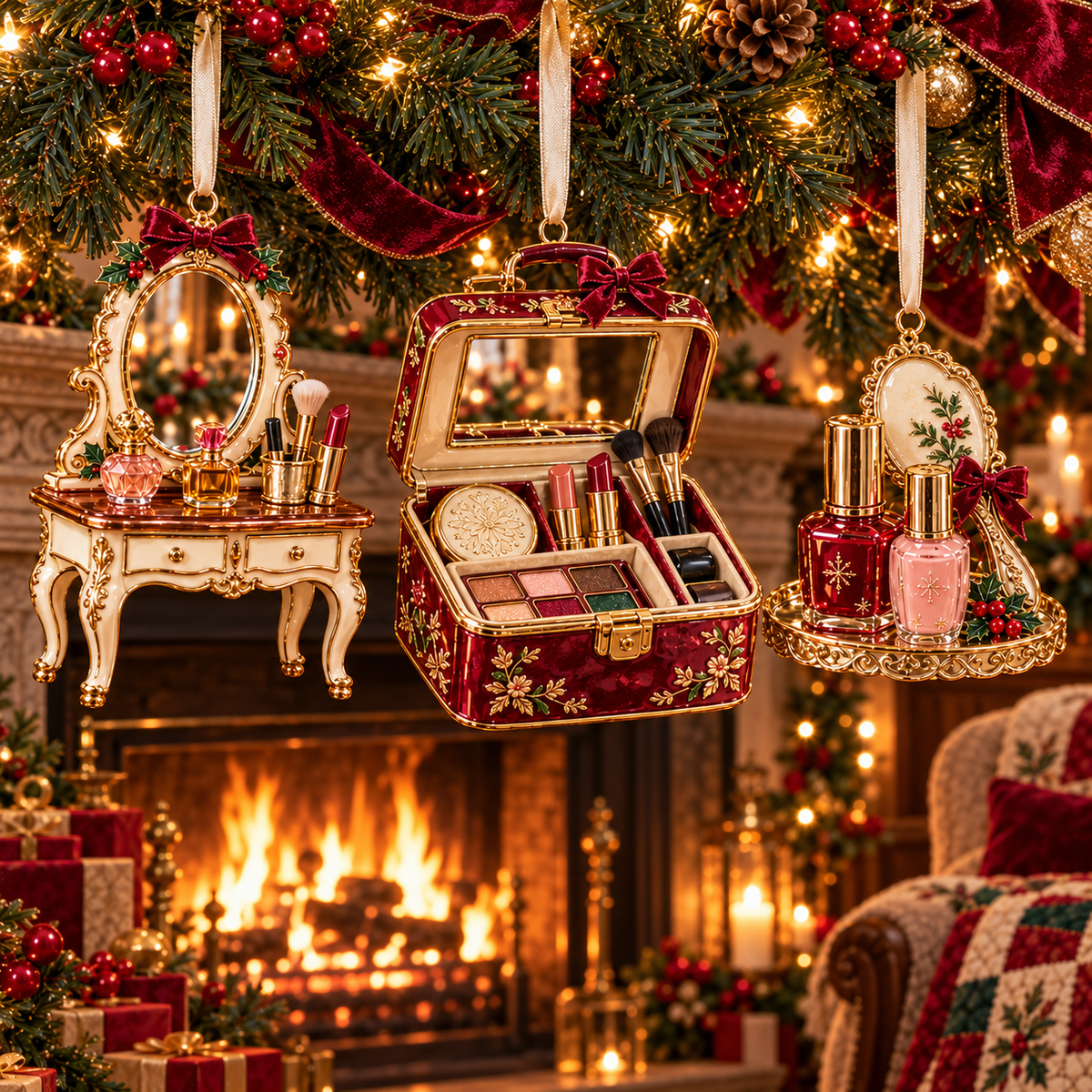 Vintage Glamour Christmas Ornaments – 6 Elegant Makeup & Beauty-Themed Holiday Decorations | Perfect Christmas Gifts for Makeup Lovers & Beauty Enthusiasts 🎄💄✨