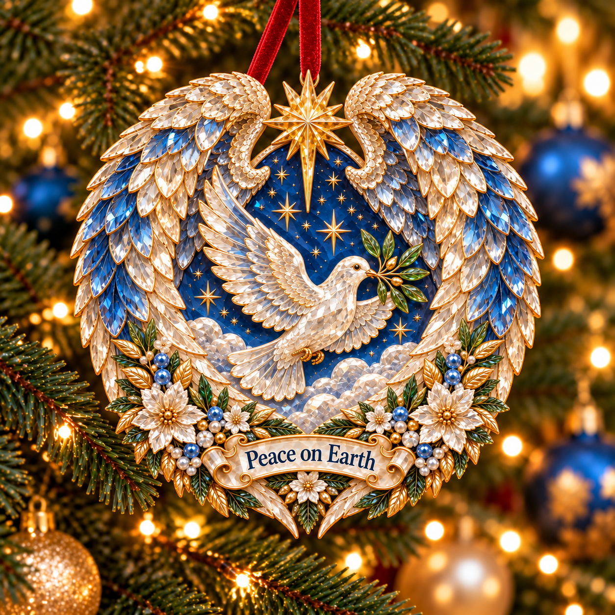 Peace on Earth white dove Christian Christmas ornament