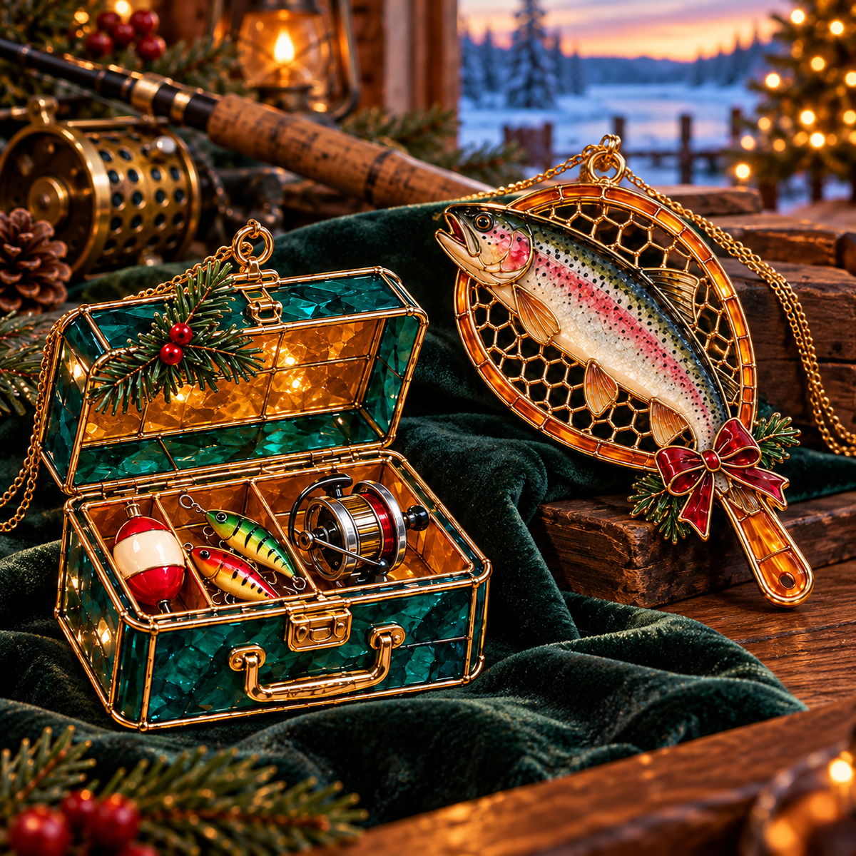 Reel in the Christmas Magic — Vintage Stained Glass–Style Fishing Ornaments, Set of 6