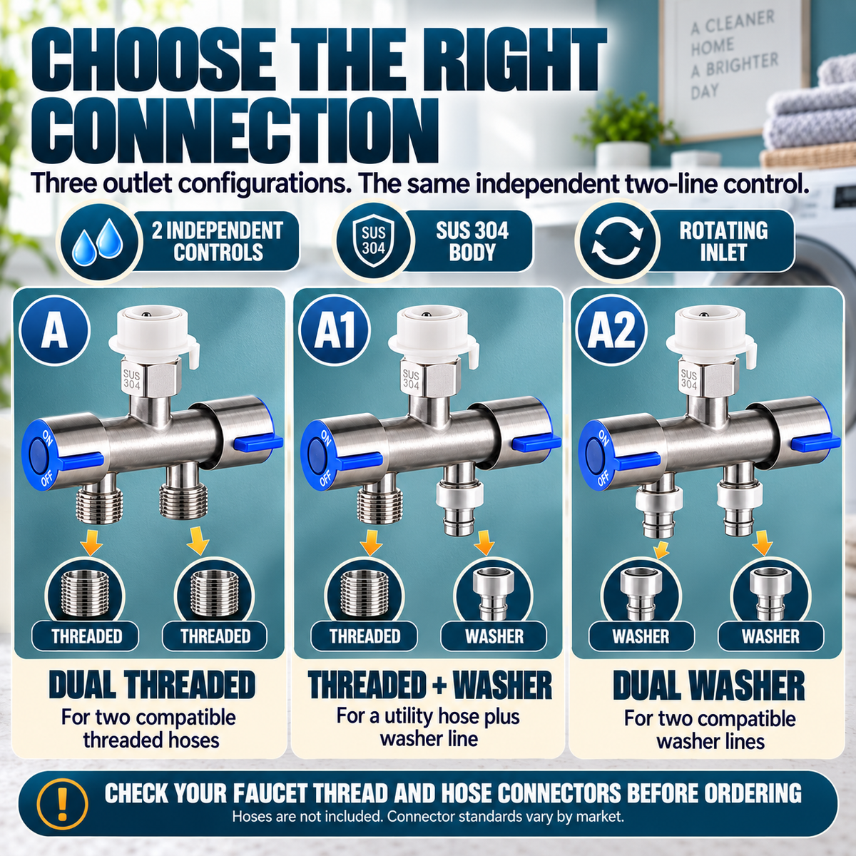🚿 SUS 304 Dual-Control Faucet Splitter – 2-Way Hose & Washing Machine Adapter - image 6