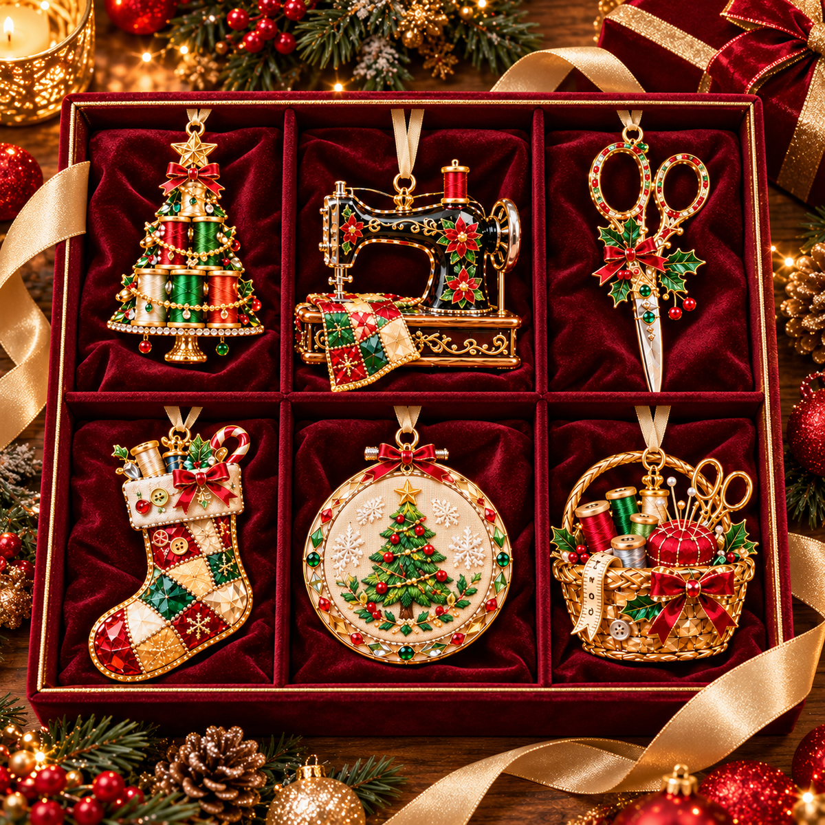 Vintage Sewing Christmas Ornaments – 6-Piece Elegant Holiday Keepsake Collection | Perfect Christmas Gifts for Sewing Lovers & Quilters 🎄🧵