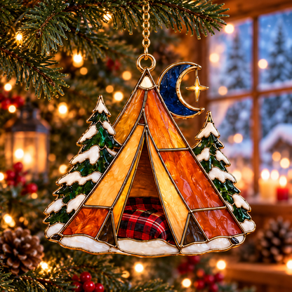 Cozy Christmas Camping — Vintage Stained Glass Style Ornaments, Set of 6