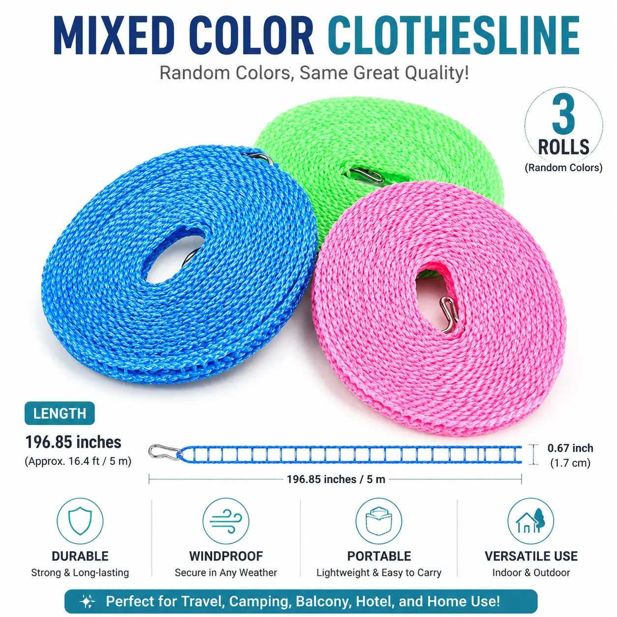 3 Roll Portable Clothesline – 196.85 Inch Adjustable Laundry Line, Windproof & Non-Slip⛺ - image 2