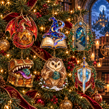 Enchanted Realms – 6-Piece Vintage Stained Glass-Style Fantasy Christmas Ornament Set