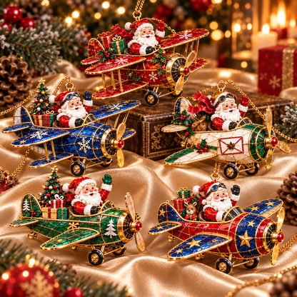 Santa’s Christmas Flight – 6-Piece Vintage Santa Airplane Ornaments Collection | Christmas Tree Decorations & Holiday Gift