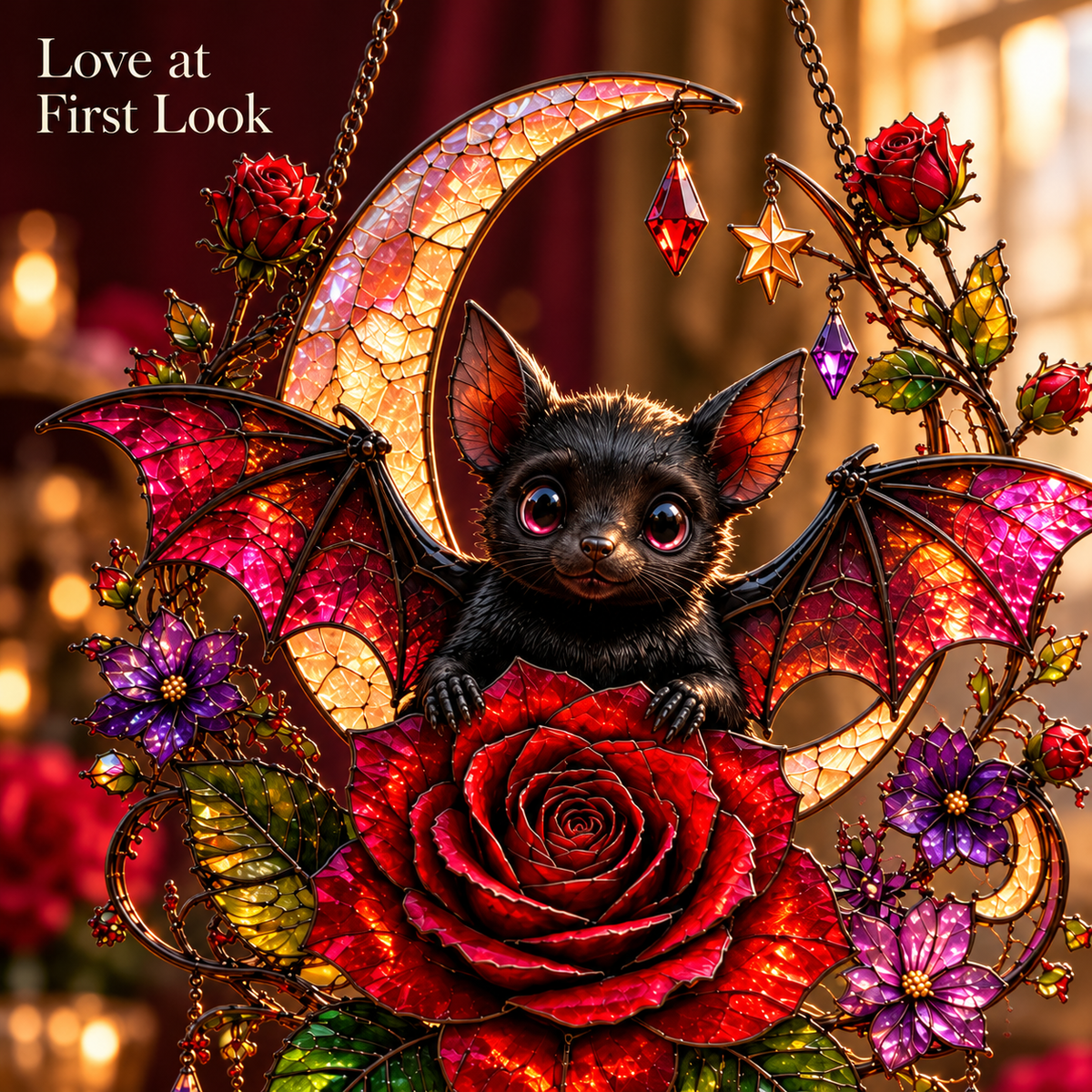 🦇 Midnight Romance – Bat, Crescent Moon & Rose Hanging Decor