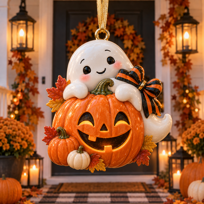 Cute Ghost & Pumpkin Halloween Ornament  –  Spooky-Cute Hanging Keepsake Collection, Fun Halloween Gift for Family & Ghost Lovers