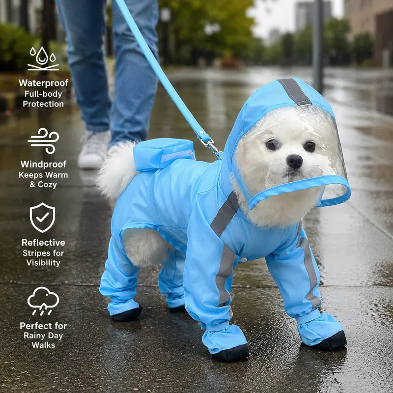 Waterproof 4-Leg Dog Raincoat with Hood & Attached Boots 🐶