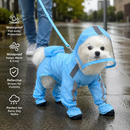 Waterproof 4-Leg Dog Raincoat with Hood & Attached Boots 🐶