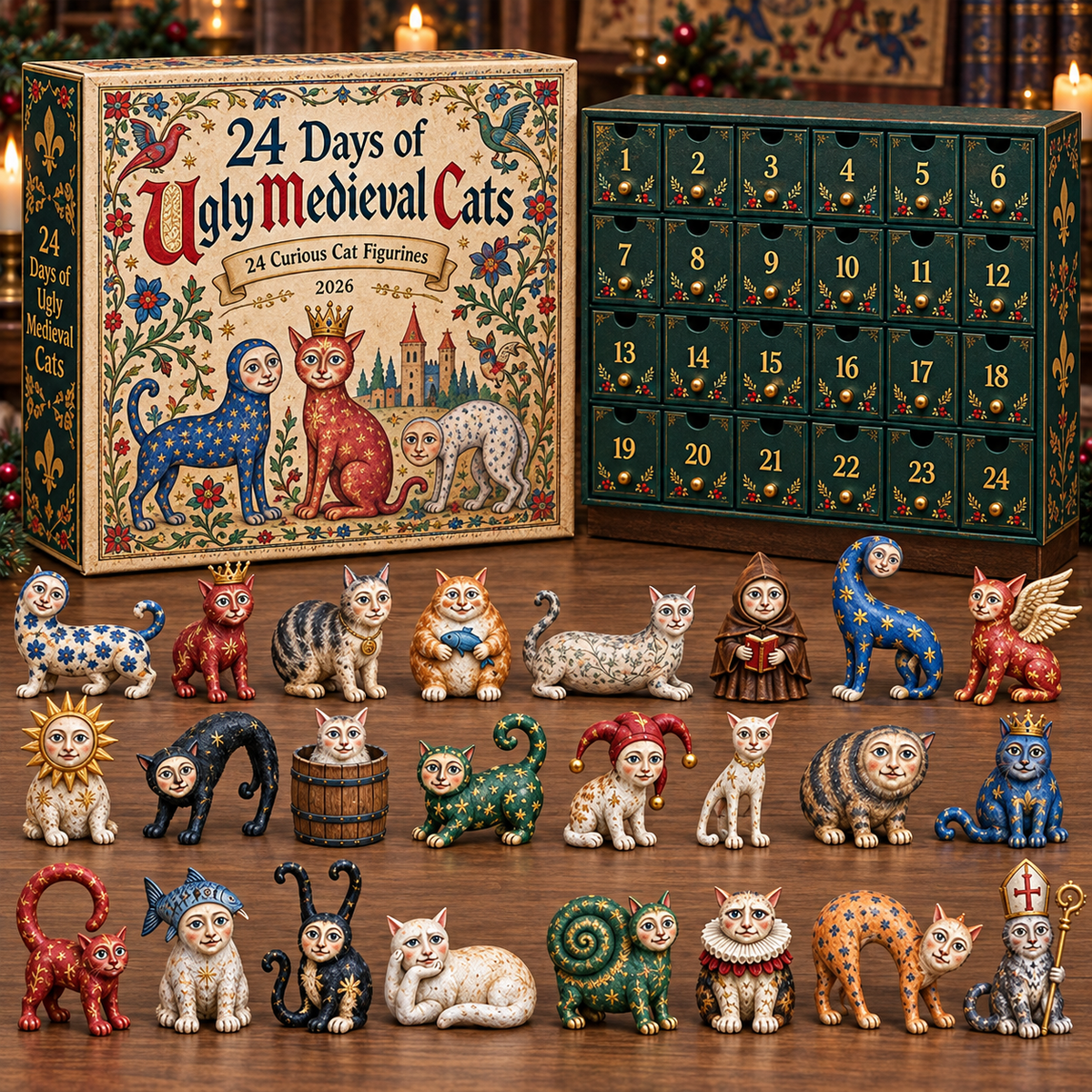 2026 Ugly Medieval Cats Advent Calendar – 24 Unique Collectible Cat Figurines for a Quirky Christmas Countdown