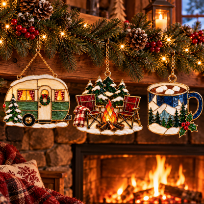 Cozy Christmas Camping — Vintage Stained Glass Style Ornaments, Set of 6