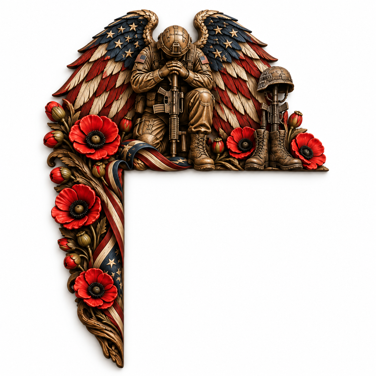 Fallen Hero Memorial Door Frame Corner Décor – Patriotic Angel Wings, Soldier’s Cross & Red Poppy Veteran Remembrance Tribute