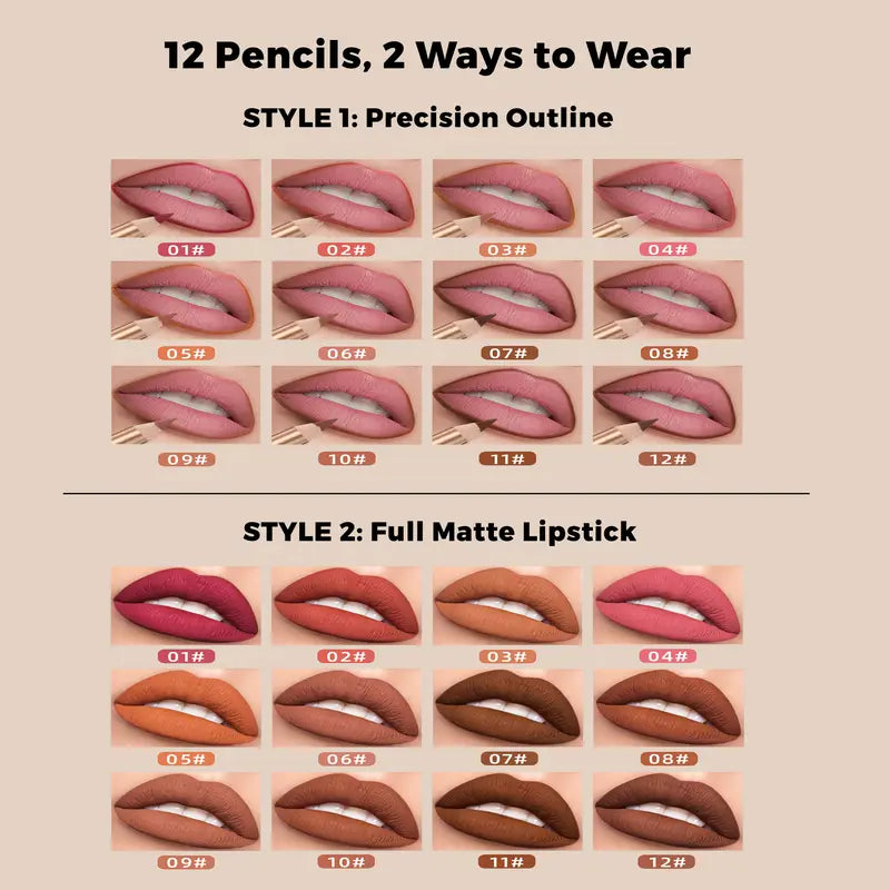 12 Pcs Matte Lip Liner Set with Sharpener, Blendable Lip Pencil 💋
