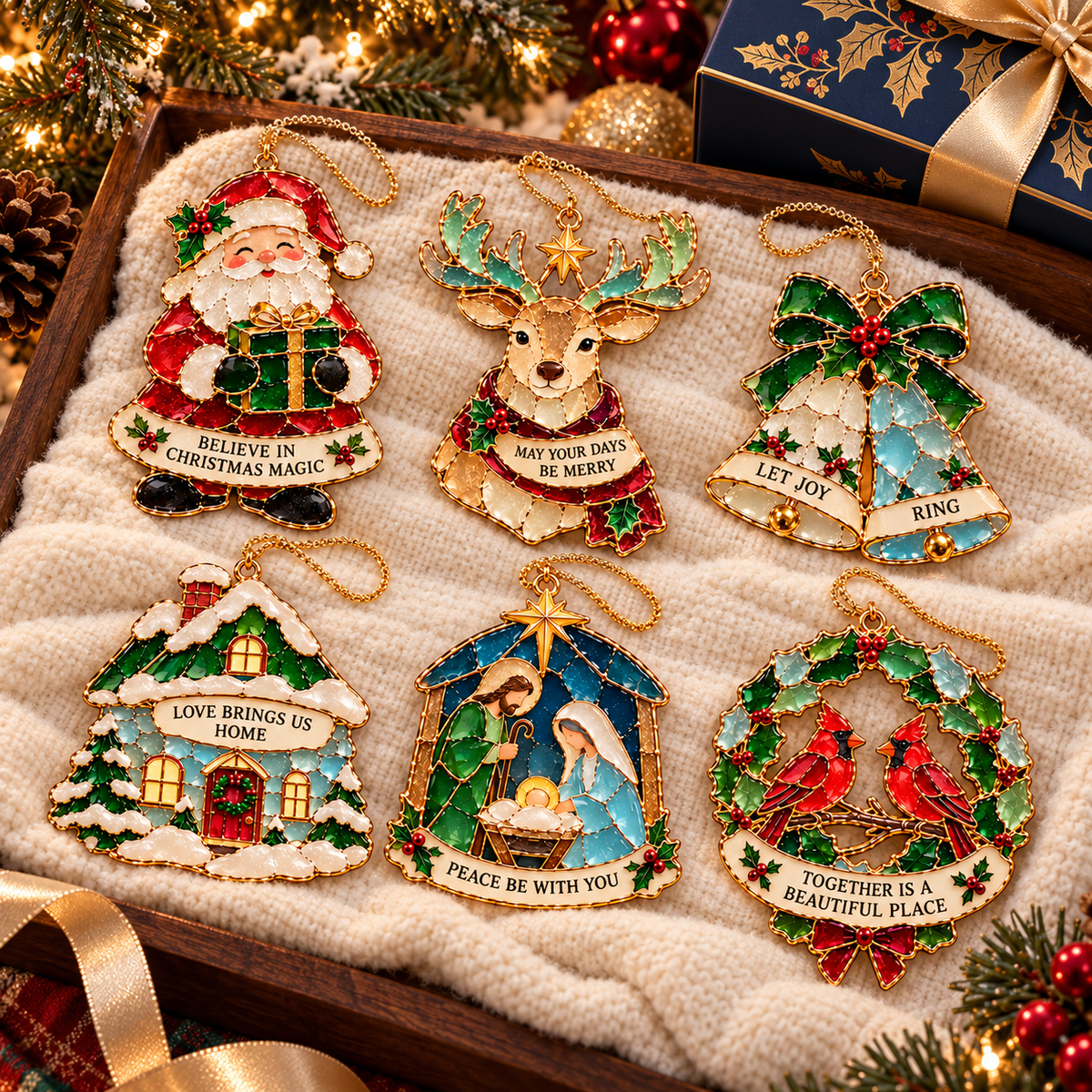 Christmas Wishes — 6-Piece Stained Glass–Style Ornament Set with Heartfelt Blessings
