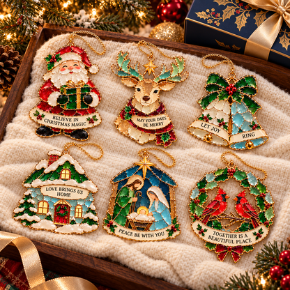 Christmas Wishes — 6-Piece Stained Glass–Style Ornament Set with Heartfelt Blessings