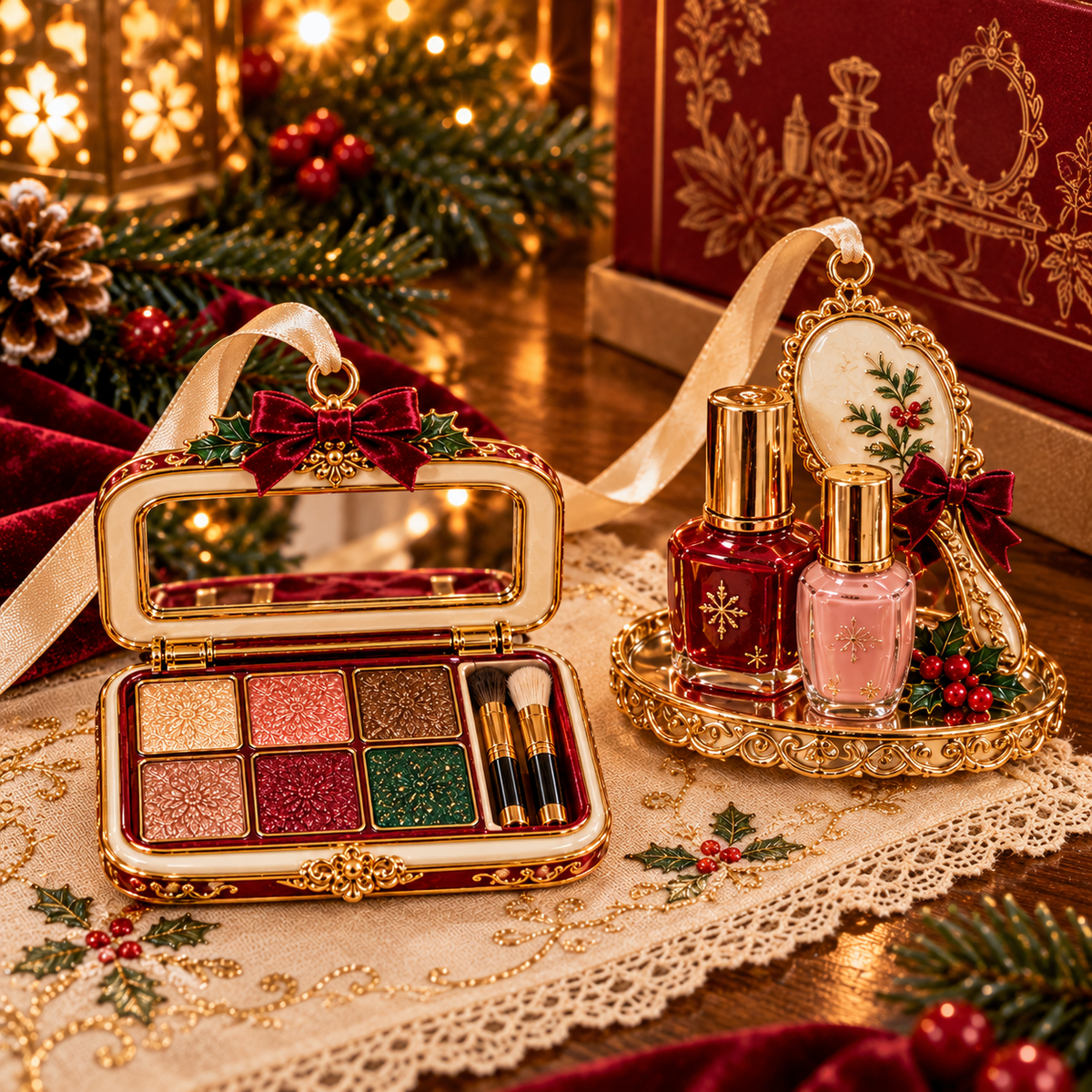 Vintage Glamour Christmas Ornaments – 6 Elegant Makeup & Beauty-Themed Holiday Decorations | Perfect Christmas Gifts for Makeup Lovers & Beauty Enthusiasts 🎄💄✨