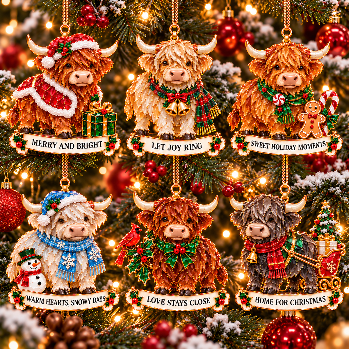 2026 Highland Cow Christmas Ornaments – 6 Festive Designs with Stained-Glass Charm & Heartwarming Wishes