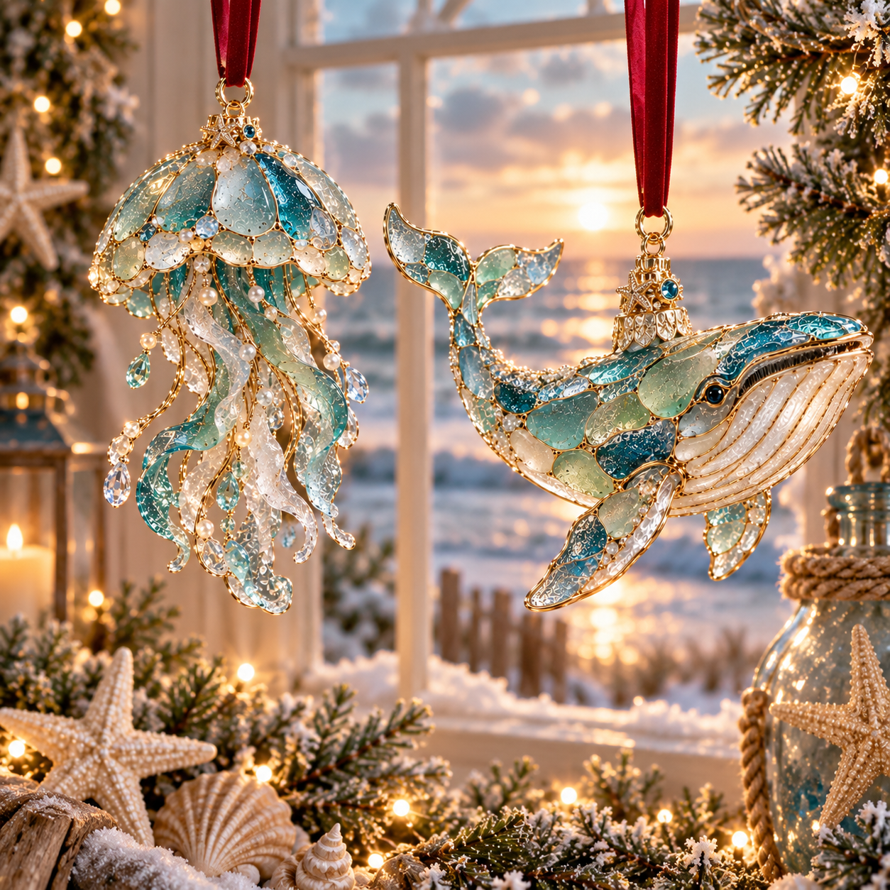 2026 Ocean Christmas Series Sea Glass Ornament Collection – Seahorse, Octopus, Jellyfish, Shark, Sea Turtle & Whale Coastal Holiday Keepsakes