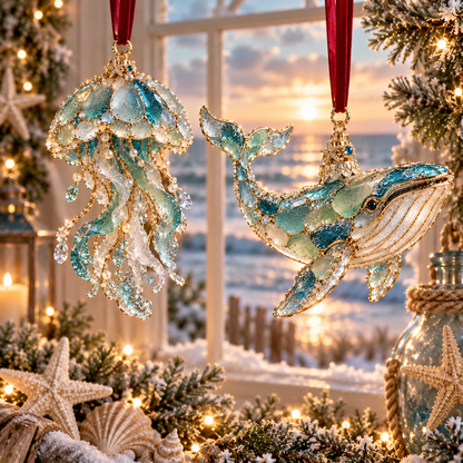 2026 Ocean Christmas Series Sea Glass Ornament Collection – Seahorse, Octopus, Jellyfish, Shark, Sea Turtle & Whale Coastal Holiday Keepsakes