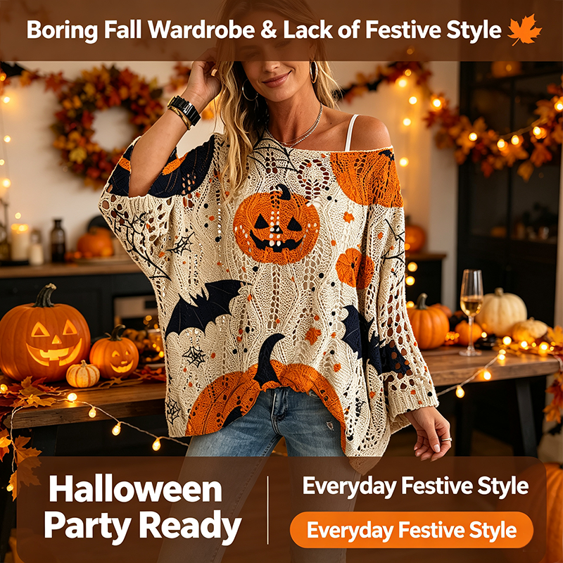 Women's Long-Sleeve Style Knitwear Piece, Halloween Pumpkin-Bat Print Casual Fall Pullover🎃 - image 5