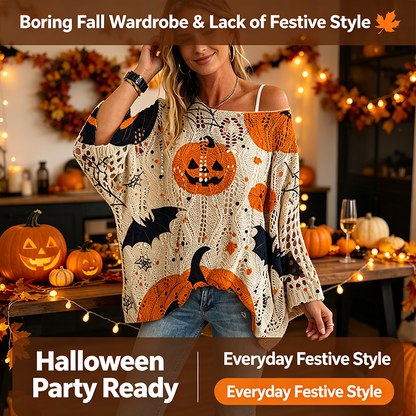 Women's Long-Sleeve Style Knitwear Piece, Halloween Pumpkin-Bat Print Casual Fall Pullover🎃 - image 5