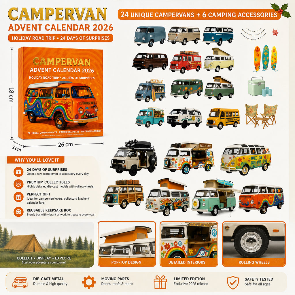 High-quality miniature model✨2026 Campervan Advent Calendar – 24 Vintage Mini Camper Van Collectible Figurines