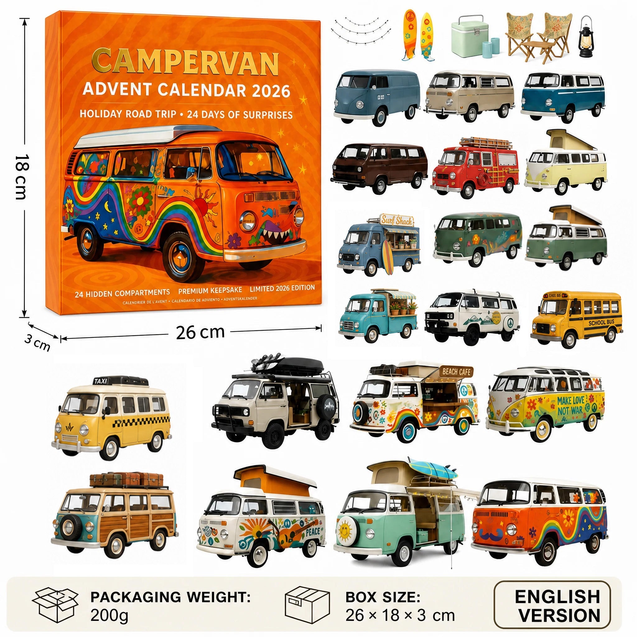 High-quality miniature model✨2026 Campervan Advent Calendar – 24 Vintage Mini Camper Van Collectible Figurines