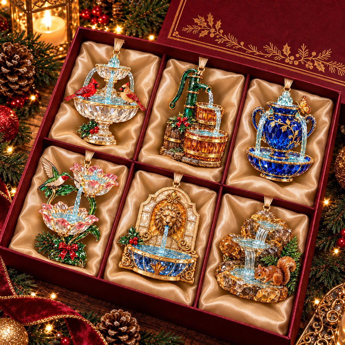 Vintage Crystal Fountain Christmas Ornaments – 6-Piece Enchanted Water Fountain Collection | Elegant Holiday Decorations & Unique Christmas Gifts 🎄✨