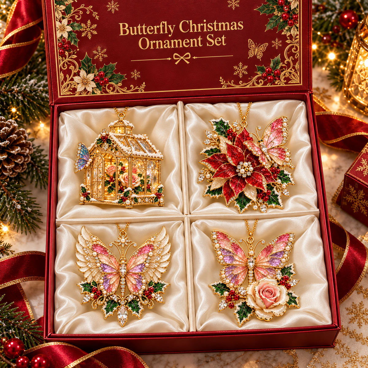 Butterfly Christmas Ornament  –  Elegant Holiday Keepsake Collection, Poinsettia & Rose Christmas Gift for Mom, Grandma & Butterfly Lovers