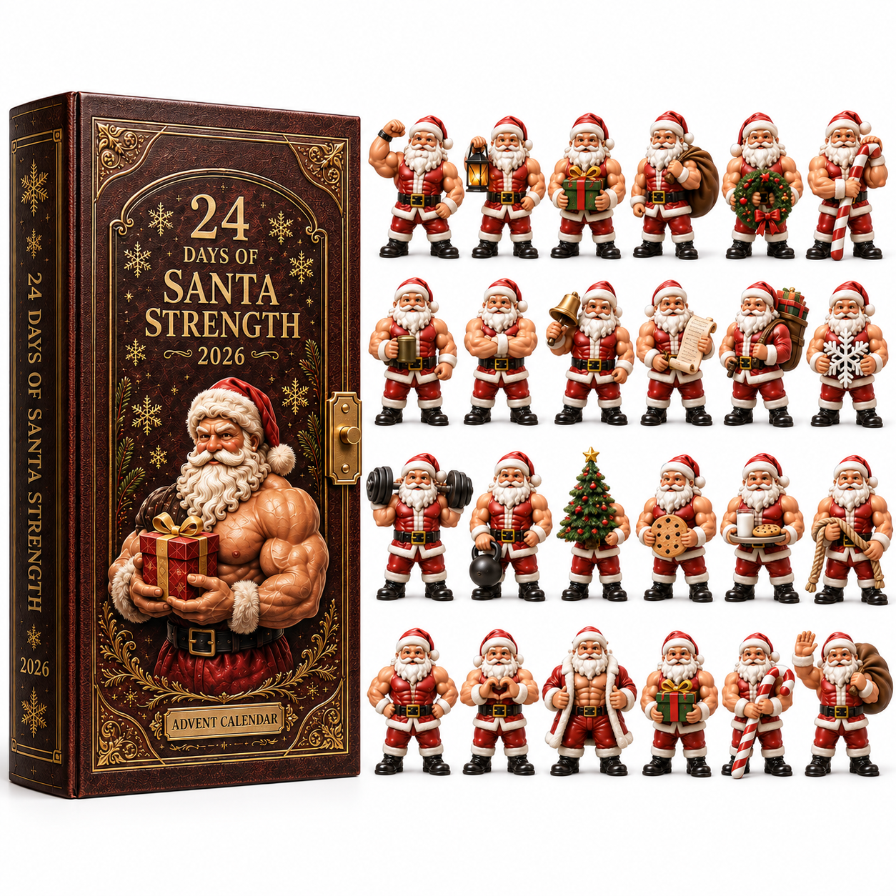 2026 Santa Strength 24-Day Countdown Calendar – 24 Unique Muscular Santa Miniatures, Funny Fitness Christmas Collectible Gift for Gym & Santa Lovers