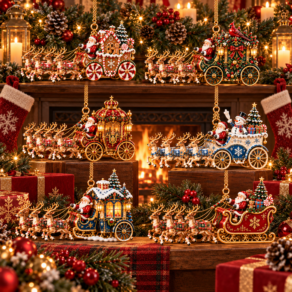 Santa’s Magical Christmas Journey – 6-Piece Vintage Reindeer Sleigh & Carriage Ornament Collection | Christmas Tree Decorations & Holiday Gifts