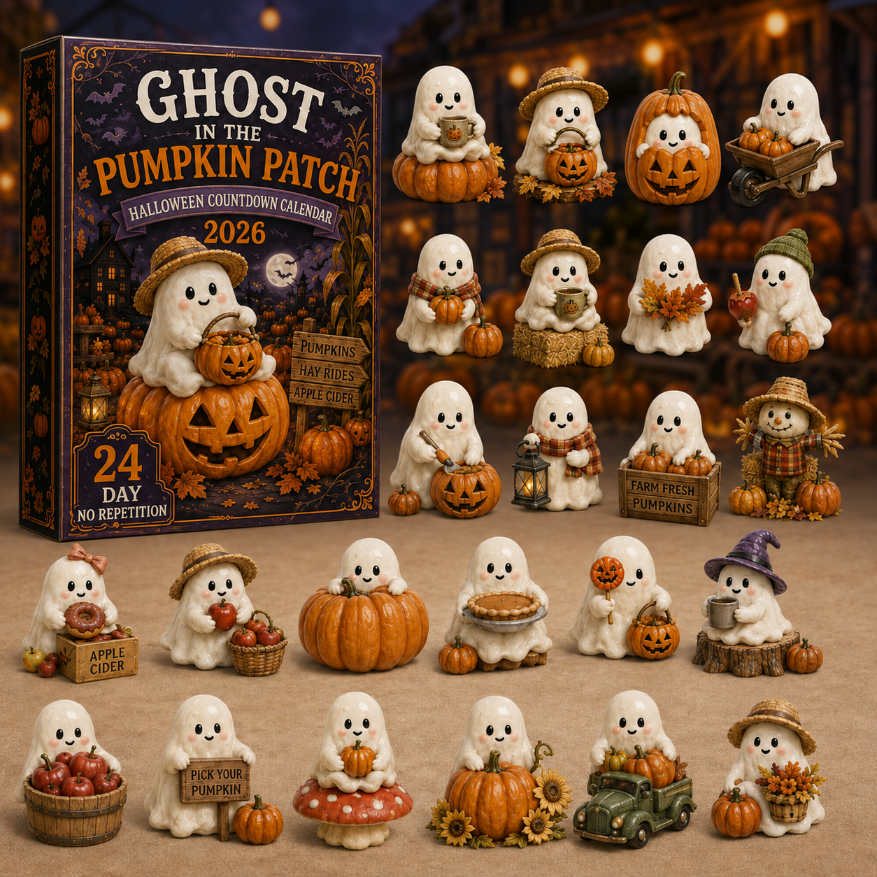 Ghost in the Pumpkin Patch Advent Calendar 2026 – 24 Unique Halloween Ghost Miniatures,