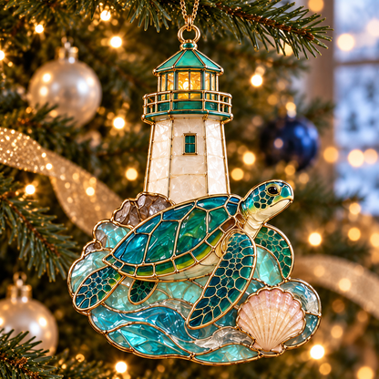 Coastal Lighthouse Christmas Ornaments – Vintage Stained Glass Style, Set of 6