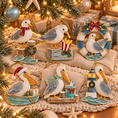 🌊 2026 Coastal Christmas Seabird Ornaments – Set of 6 Festive Seagull & Pelican Keepsakes