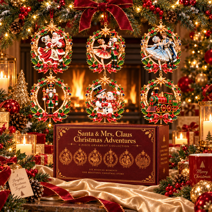 Santa & Mrs. Claus Christmas Adventures – 6-Piece Vintage Christmas Tree Ornament Collection | Nutcracker, Snowman & Holiday Train | A Heartwarming Christmas Keepsake Gift