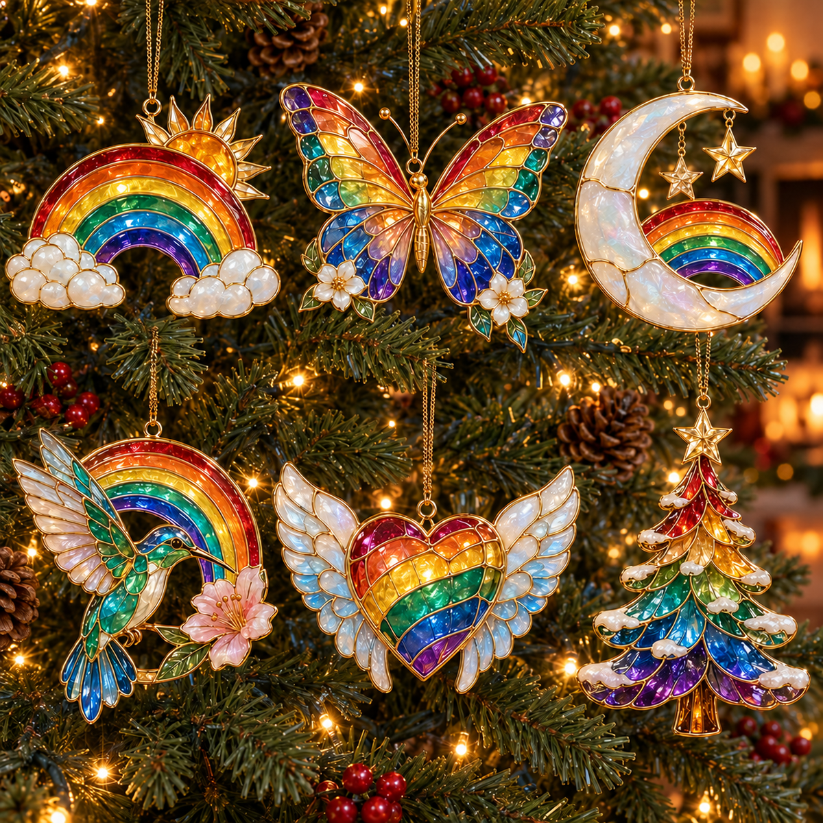 🎄 2026 Magical Rainbow Stained Glass Christmas Ornaments – Set of 6 | Rainbow, Butterfly, Crescent Moon, Hummingbird, Angel Wings Heart & Christmas Tree Hanging Decorations | Colorful Holiday Gifts