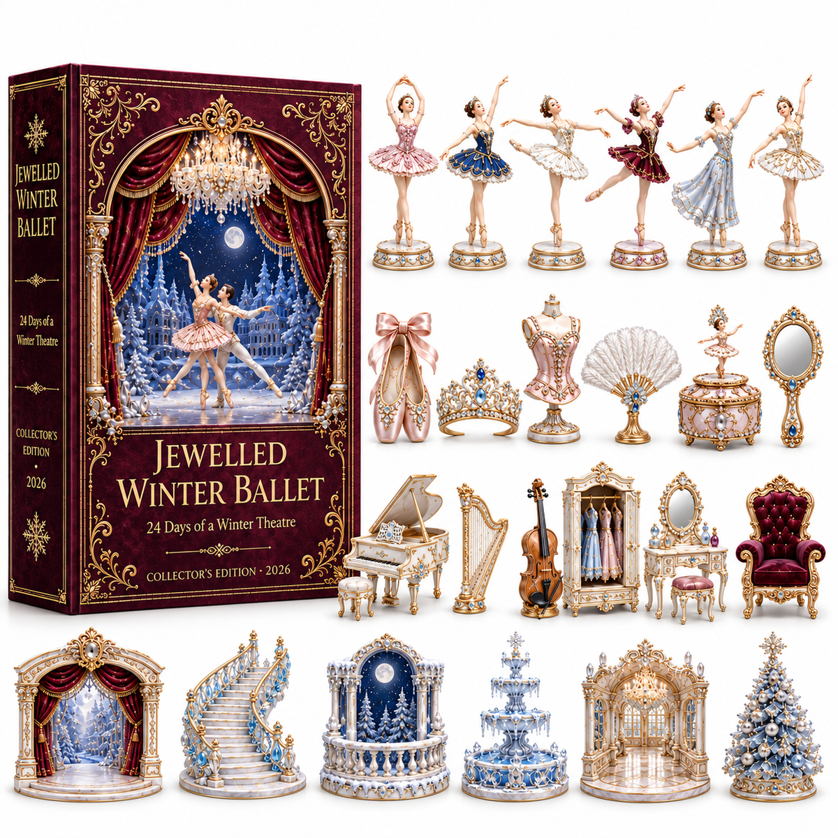 2026 Jewelled Winter Ballet 24-Day Countdown Calendar – 24 Unique Ballet & Winter Theatre Miniatures, Elegant Collector’s Christmas Gift