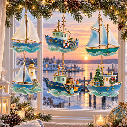🌊 2026 Coastal Christmas Boat Ornaments – Set of 6 Nautical Holiday Keepsakes